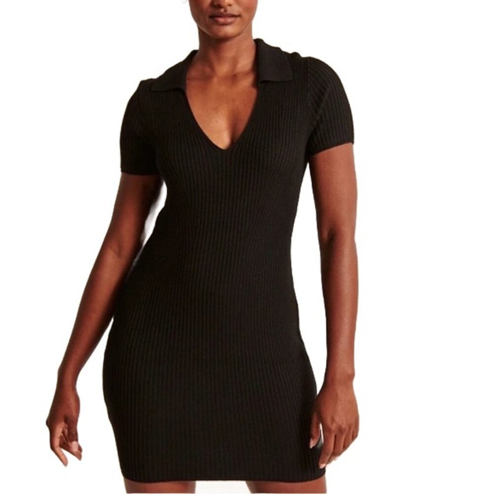 Abercrombie & Fitch Fitted Black Ribbed Knit V Neck Collared Polo Mini Dress